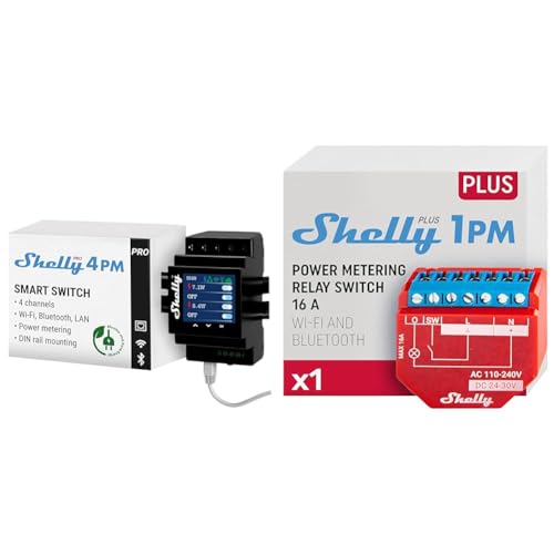 Shelly Pro 4PM Wlan & Plus 1PM WLAN & Bluetooth Relais Schalter mit Strommessung| Smart Home Hausautomation| Funktioniert mit Alexa & Google Home| iOS- & Android-App von Shelly