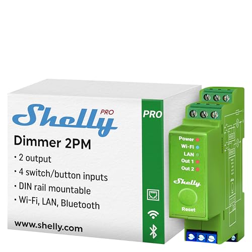 Shelly Pro Dimmer 2PM | Professioneller 2-Kanal-DIN-Hutschienen-Smart-Dimmer mit Leistungsüberwachung | LAN, WLAN und Bluetooth | DIN-Hutschiene | für Leds und Halogenlampen - 200 W | iOS-Android-App von Shelly