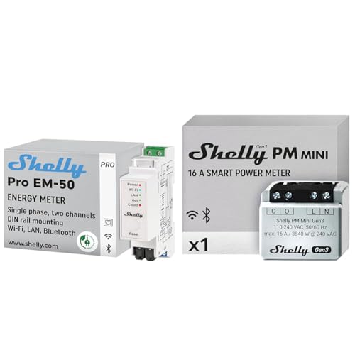 Shelly Pro EM 50A | Wi-Fi & Bluetooth-Energiezähler mit Schützsteuerung mit Leistungsmessung & PM Mini Gen3 | Intelligenter WLAN- und Bluetooth-Leistungsmesser 1 Kanal 16 A von Shelly