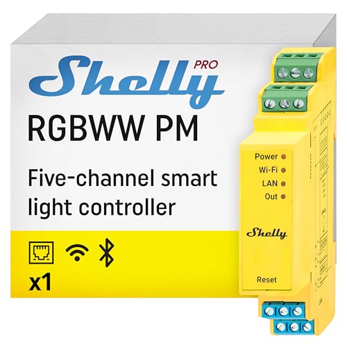 Shelly Pro RGBWW PM, LAN & WLAN-Smarter Lichtcontroller, Weißkanälen (CCT), LED-Streifen, Lichtsteuerung, Leistungsüberwachung, Dimmen, Kein Hub Еrforderlich von Shelly