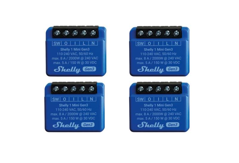 Shelly SHELLY WLAN-Schaltaktor 1 Mini Gen 3, blau, 4 Stück Unterputzschalter von Shelly