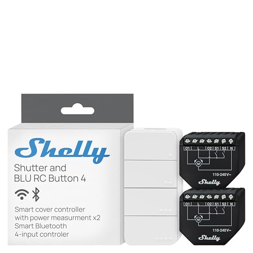 Shelly Shutter (2 Stück) & BLU RC Button 4 (Bundle) - WLAN-betriebener Smart-Relaisschalter, 2 Kanäle, 4A, Leistungsmessung, Rolladenschalter, Hausautomation, Kein Hub Erforderlich, Alexa & Google von Shelly