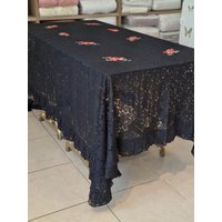 Bestickte Tischdecke, Ovale Oder Rechteckige Tischdecke Für 6-8 Personen, Moderne Schwarze Bestickte Tischdecke, Ovale Oder Rechteckige Tischdecke Für 6-8 Personen, Moderne Schwarze von ShemsDesigns