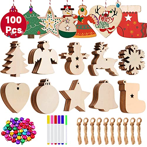 100 Stück Holzanhänger Christbaumschmuck,Weihnachts Holzanhänger,Handwerkliche Verzierungen für Weihnachten Weihnachtsbaum DIY Dekoration 10 Design,100 Glocke,100 Stk Juteschnur,Christbaumschmuck Holz von Shengbangym