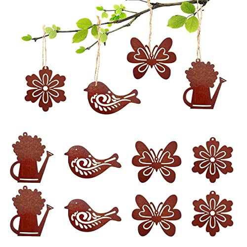 12 Stück Edelrost Vintage Hängedeko,Osteranhänger aus Holz,Ostern Holzanhänger Deko,Vogel Blumen Gießkanne Schmetterling Figur Osterdeko zum Aufhängen mit Seil,für Kinder Ostern Party Dekorationen von Shengruili