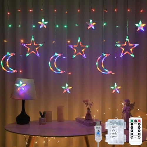 Ramadan Licht Stern Mond Lichterketten,Ramadan Lichterkette,Eid Mubarak Licht LED,8 Modi Lichtervorhang USB & Batterie Betriebene mit Fernbedienung für Ramadan,Weihnachten,Hochzeit,Party,Terrasse von Shengruili