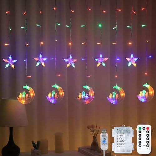 Ramadan Licht Stern Mond Lichterketten,Ramadan Lichterkette,Eid Mubarak Licht LED,8 Modi Lichtervorhang USB & Batterie Betriebene mit Fernbedienung für Ramadan,Weihnachten,Hochzeit,Party,Terrasse von Shengruili