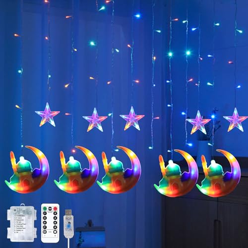 Ramadan Licht Stern Mond Lichterketten,Ramadan Lichterkette,Eid Mubarak Licht LED,8 Modi Lichtervorhang USB & Batterie Betriebene mit Fernbedienung für Ramadan,Weihnachten,Hochzeit,Party,Terrasse von Shengruili