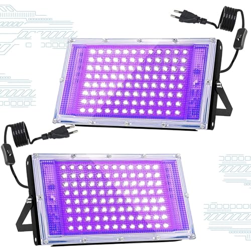 Shengruili 2 Stück UV LED Schwarzlicht Strahler 100W,IP66 Wasserdichte Schwarzlicht Led Strahler,UV Strahler Flutlicht für Disco,Glow Party,Halloween Deko,Bühnenbeleuchtung,Party Zubehör von Shengruili