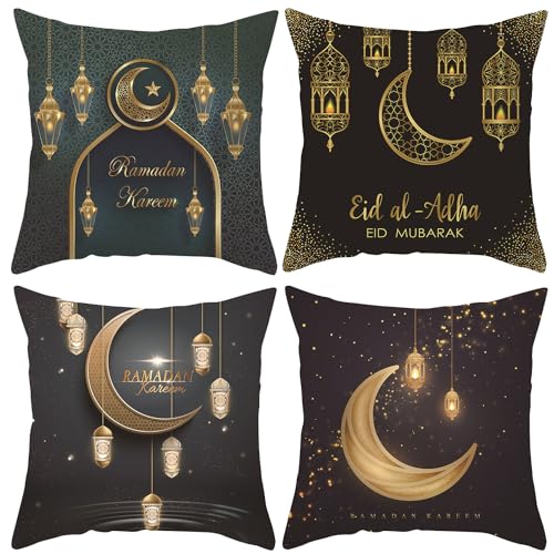 Shengruili 4 Stück Ramadan Kissenbezug,45x45cm Ramadan Dekokissenbezüge,Ramadan Wurfkissenbezüge Set,Ramadan Deko Kissenhülle,Kissen Ramadan,Leinen Dekokissen für Eid Mubarak Sofa Wohnzimmer von Shengruili