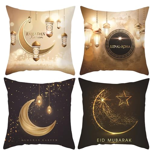 Shengruili 4 Stück Ramadan Kissenbezug,45x45cm Ramadan Dekokissenbezüge,Ramadan Wurfkissenbezüge Set,Ramadan Deko Kissenhülle,Kissen Ramadan,Leinen Dekokissen für Eid Mubarak Sofa Wohnzimmer von Shengruili