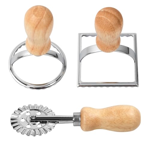 Shengxi Ravioli Ausstecher Former, 3 Stück Ravioli Ausstecher Set mit Holzgriff und Geriffelten Rand Quadratische Runde Raviolischneider Ravioli Stempel für Ravioli Pasta Knödel von Shengxi