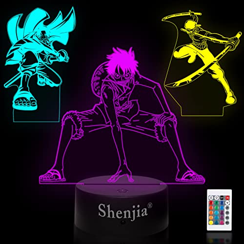 Shenjia ONE PIECE 3-in-1 - One Piece Gadget - 3D-Illusions-Nachtlampe mit farbwechselnden RGB-Acryl-LED-Leuchten für Kinderzimmer-Dekoration, Geschenke für Fans von Shenjia