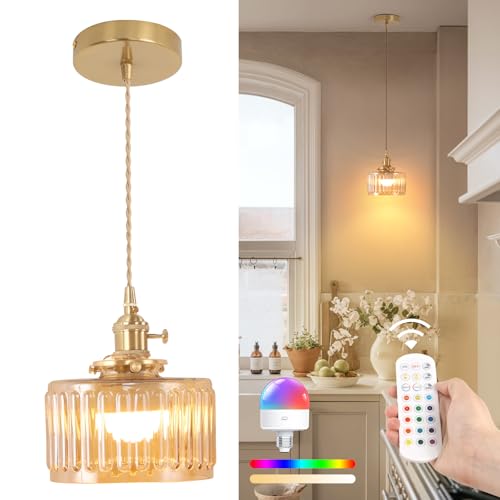 Shenmoyl Akku Pendelleuchte Esstisch, Hängelampe batterie Dimmbar, Esstischlampe Hängend Vintage Höhenverstellbar Für Küche Esszimmer Schlafzimmer Wohnzimmer Braun Gestreift von Shenmoyl