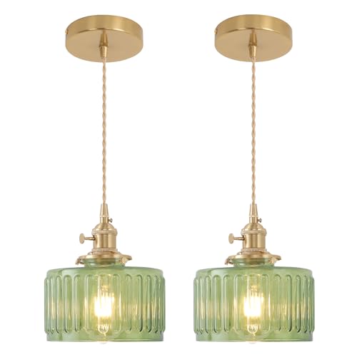 Shenmoyl Pendelleuchte Esstisch 2 Stück, Hängelampe Vintage Gold, Esstischlampe Hängend Höhenverstellbar Für Küche Esszimmer Schlafzimmer Wohnzimmer Grün Gestreift von Shenmoyl