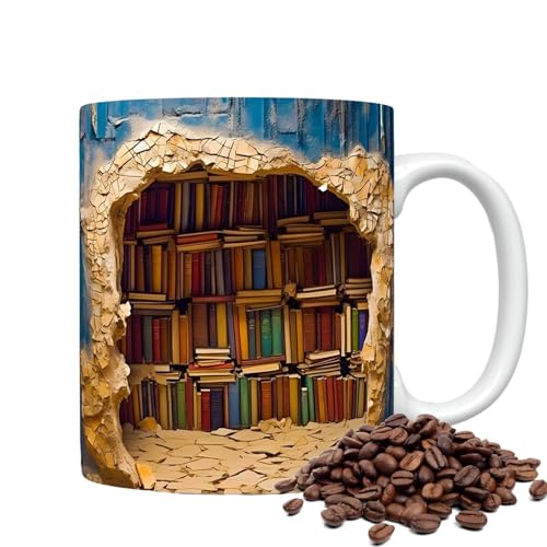 3D-Bücherregal-Tasse, 3D-Effekt, Büchertasse, 325 ml, Kaffeetasse für Buchliebhaber, Bibliothekar-Tasse, Buch-Kaffeetasse, Bücherbecher, Keramik-Bücherregal-Kaffeetasse für Leser, Bücherwurm-Geschenke von Shenrongtong