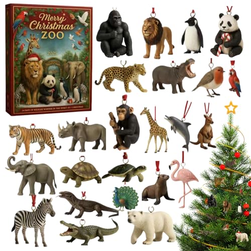 Zoo Adventskalender 2025, Frohe Weihnachten Countdown -Kalender, 2d Acryl -Tieranhänger mit Löwen, Pandas, Giraffen, Pinguinen, Delfinen, Weihnachtsbaumdekoration von Shenrongtong