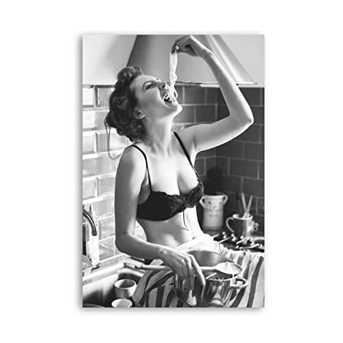 Shenywell Bilder Wohnzimmer Modern Pasta Love Poster Schwarz-Weiß-Poster Frau, die Spaghetti isst Leinwand Posterch 60x90cm Kein Rahmen von Shenywell