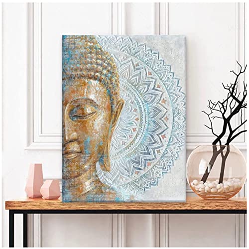 Shenywell Leinwand Bilder Kunst Buddha Blume Mandala in Blau für Yoga Meditationsraum Schlafzimmer Impressionist Maler Skandinavien 60x80cm Kein Rahmen von Shenywell
