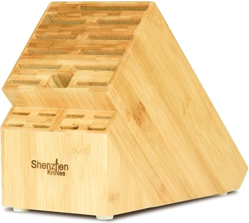 Universal-Messerblock mit 20 Schlitzen: Shenzhen Knives großer Messerblock aus Bambusholz ohne Messer – Arbeitsplatte, Metzgerblock, Messerhalter und Organizer mit breiten Schlitzen für einfache von Shenzhen Knives