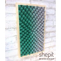 Holz Wandkunst - Großes Grün Graues Kunstwerk 3D Skyline Sound Diffusor Panel Japandi von ShepitWorkshop