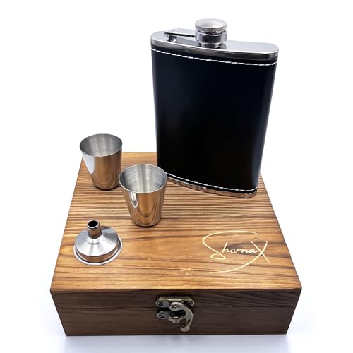 Originelle Geschenke für Männer, Set Flachmann, Becher und Trichter - Alkohol-Flachmann, Whisky, Jack Daniels - in edler Holzbox Shernax. von Shernax