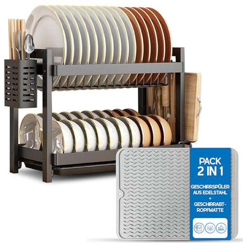 Shernax Zweistöckiges Geschirr Abtropfgestell Edelstahl mit Geschirr Abtropfmatte Silikon, Dish Rack mit Abtropfschale und Besteckhalter mitgeliefert abtropfmatte spüle von Shernax