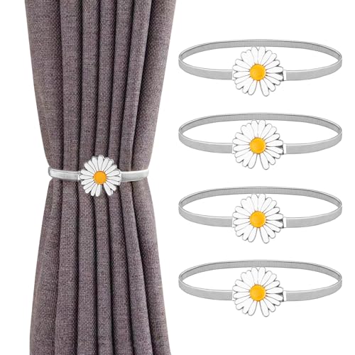 Sheryl&Rain 4 Stück Vorhang Raffhalter, Verstellbare Vorhang Clip Gardinenhalter Metall, Silber Daisies Raffhalter für Vorhänge mit Federseil für Gardinen Dekoration Zuhause Cafe Büro von Sheryl&Rain