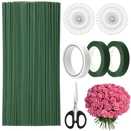 Sheryl&Rain Floristen-Drahtstiel-Set, grüner Blumendraht mit 2 Floristenband, Schere, Positionierungsnadeln, 2 mm x 20 cm, Blumenstäbe zum Häkeln, flexibler Floristikstiel für künstliche Blumensträuße von Sheryl&Rain