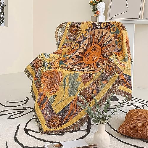Shesyuki Boho Wurf Decke Reversible Baumwolle Bohemian Tapestry Hippie Raum Dekor Teppich Stuhl Couch Sofa Abdeckung Outdoor Decke Doppelseitig (National Sun Pattern Yellow 50"x60") von Shesyuki