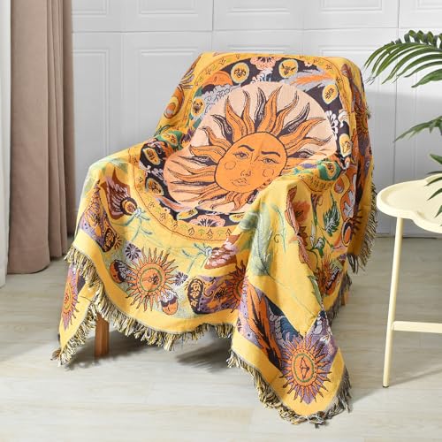 Shesyuki Boho Wurf Decke Reversible Baumwolle Bohemian Tapestry Hippie Raum Dekor Teppich Stuhl Couch Sofa Abdeckung Outdoor Decke Doppelseitig (National Sun Pattern Yellow 50"x60") von Shesyuki