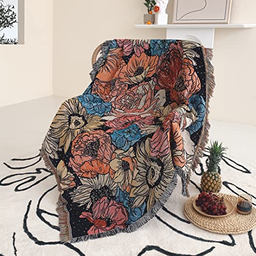 Shesyuki Boho Wurf Decke Reversible Baumwolle Bohemian Tapestry Hippie Zimmer Dekor Doppelseitig (Boho Blume Dark 50"x60") von Shesyuki
