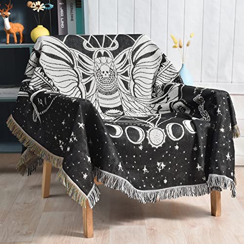 Shesyuki Boho Wurf Decke Reversible Baumwolle Bohemian Tapestry Hippie Zimmer Dekor Teppich Bett Stuhl Couch Sofa Abdeckung Doppelseitig (Monat Motte Schwarz 50"x60") von Shesyuki