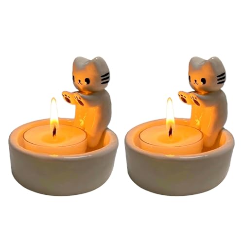 2 Stück Katzen Kerzenhalter | Cat Candle Holder mit Wärmenden Pfoten | Charmante Teelichthalter Katze Ornamente | Niedlicher Kerzenständer Katze Heimdekoration Geschenke für Katzenliebhaber von Shichangda