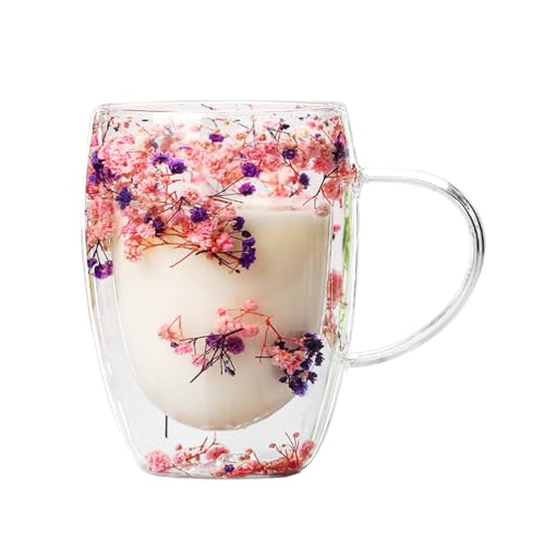 Getrocknete Blumen Doppelwandige Tassen | Niedliche Isolierte Glasbecher | Kaffeetassen Glas Doppelwandig mit Blumen | Blumenbecher für Tee, Milch, heiße oder kalte Getränke von Shichangda