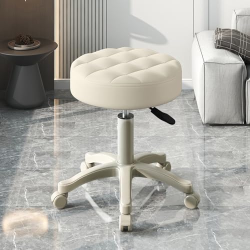 Rollhocker mit Rollen, höhenverstellbar, um 360 Grad drehbar, mit Kunstlederkissen, tragbarer Salonhocker, Stuhl für Bar, Café, Spa, Zuhause, Büro, Arbeitsplatz (Beige) von Shienfir
