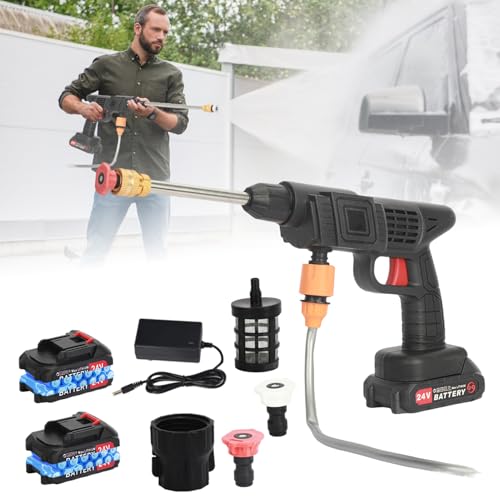 Shienfir Akku-Hochdruckreiniger, 24V 3300 RPM Hochdruckreiniger mit 2 Batterien 1500mAh 5,5 Liter/Minute Autowaschzubehör für Auto, Haus, Rasen, Garten, Zaun, Schwimmbad. von Shienfir