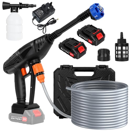 Shienfir Akku Hochdruckreiniger, 24V Tragbarer Hochdruckreiniger, 6-in-1 Multi-Sprühdüse mit 2 wiederaufladbaren 1,5Ah Akkus, 5M Schlauch Kabelloser Hochdruckreiniger für Auto, Terrasse, Garten Bl von Shienfir