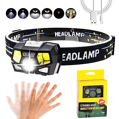 Shienfir LED-Stirnlampe wiederaufladbar, superhell 5 Lichtmodi, batteriebetrieben, USB aufladbar Bewegungssensor Outdoor-Stirnlampe, wasserdichte LED-Stirnlampe geeignet für Camping, Laufen, Wander von Shienfir