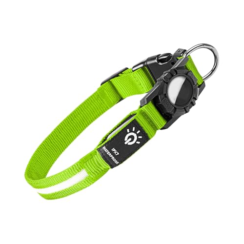 Shienfir Leichtes Hundehalsband für kleine Hunde, Airtag-kompatibel, LED-USB-wiederaufladbar, beleuchtetes Haustier, wasserdicht, Leuchtend, Sicherheitsnacht Grün M von Shienfir