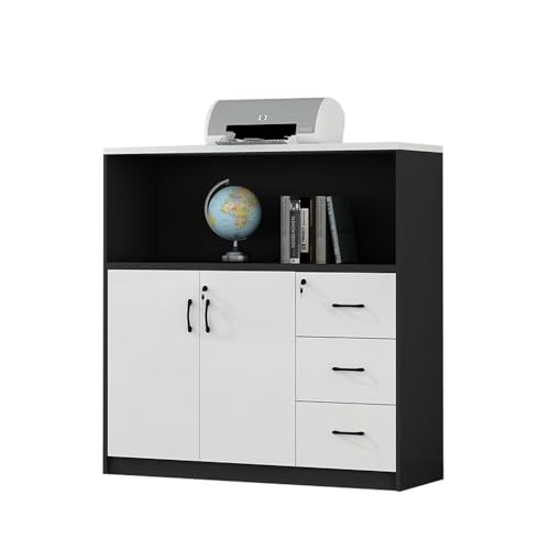 Schubladenschrank Aktenschrank aus Holz, weiß + schwarz, Doppeltür mit DREI Schubladen, Aufbewahrungsdatenschrank Büroschrank von Shihan-2015