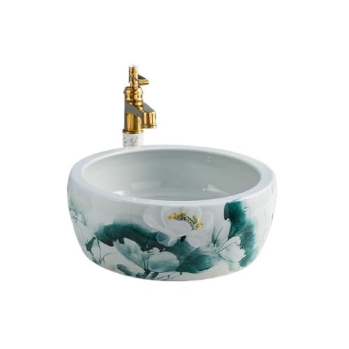 Waschtisch Handgefertigtes rundes Waschbecken mit Lotusmuster, Kunstbecken, Badezimmer, verdicktes Keramikwaschbecken Bad Waschbecken(Weiß) von Shihan-2015