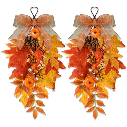 Shihanee Künstlicher Herbstkranz mit Ahornblättern, Kürbisbeeren, Juteschleife, Tropfenform, hängende Haustür-Dekoration, Herbst-Ornament für Außen, Innenbereich, Treppe, Terrasse, Garten, 2 Stück Shihanee Künstlicher Herbstkranz mit Ahornblättern, Kürbisbeeren, Juteschleife, Tropfenform, hängende Haustür-Dekoration, Herbst-Ornament für Außen, Innenbereich, Treppe, Terrasse, Garten, 2 Stück von Shihanee