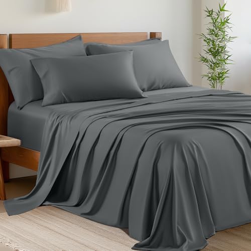 Shilucheng Bamboo 6-Piece King Size Bed Sheets Set 1800 Thread Count 16 Inch Deep Pockets Cool Eco Friendly Soft and Comforterble Wrinkle Fade and Hypoallergenic (King,Dark Grey) von Shilucheng