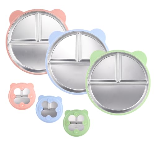 Shimmerz 3 Stück Stainless Steel Katzenohren Toddler Plate with Suction, 9" Geteilte Teller mit abnehmbarem Silikon-Ärmel für Baby, Nicht giftig und BPA-frei von Shimmerz