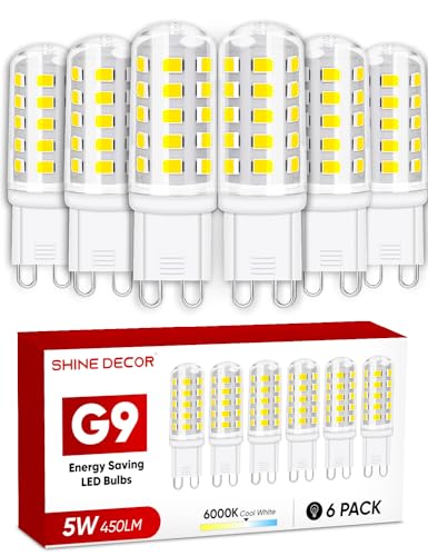 Shine Decor 5W G9 LED, G9 LED Kaltweiss 6000K, LED Leuchtmittel 450LM Nicht dimmbar(entspricht 50W Halogenlampe), LED Glühbirne LED Lampen, 360° Abstrahlwinkel, 6er Set von Shine Decor