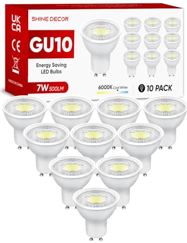 Shine Decor GU10 LED Kaltweiss Lampe, 7W 6000K Lampe Ersetzt 50W Halogenlampen, 500LM GU10 LED Leuchtmittel Kaltweiß Nicht Dimmbar, Abstrahlwinkel Reflektorlampen 38°, 10 Stück von Shine Decor