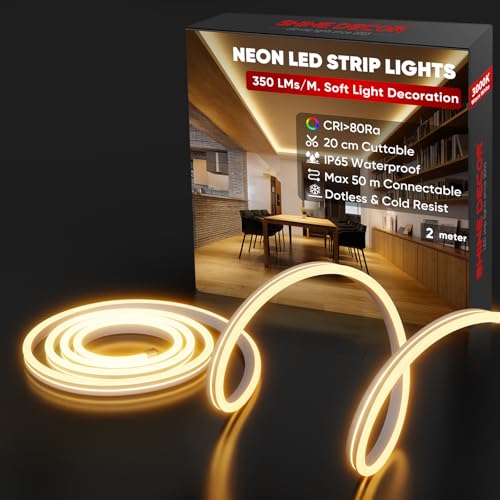 Shine Decor Neon LED Streifen 2m, AC 230V IP65 Wasserdicht LED Band, 120 leds/m Flexible LED-Neon Lichterketten für Home Decoration Küche Garten Beleuchtung (2M, Warmweiß) von Shine Decor