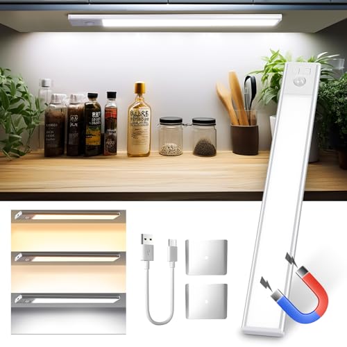 Shine Decor Unterbauleuchte Küche LED 30CM, 52 LEDs 3000K/4000K/6000K Dimmbar Schrankbeleuchtung mit Bewegungsmelder,3000mAh USB Wiederaufladbares mit Magnetische Lichtleiste for Treppe, Garderobe von Shine Decor