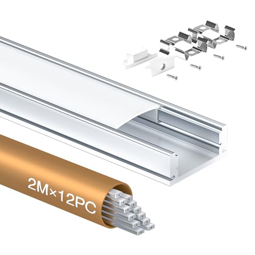 Shine Plus LED Profil U-Form 2m × 12 Stück, Schiene aus eloxiertem Aluminium, kanal für Streifen bis 12mm, diffusor für gleichmäßige Lichtverteilung(12×2 Meter) von Shine Plus